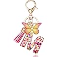JINGUAZI Initial letter Keychains for Women Tassel Butterfly Pink Purple Cute Car Keychain for Wallet Backpack bag charm