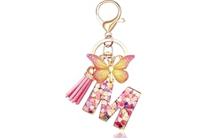 JINGUAZI Initial letter Keychains for Women Tassel Butterfly Pink Purple Cute Car Keychain for Wallet Backpack bag charm