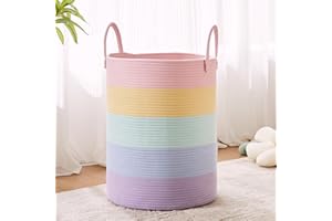 MOJOSCEND 15Dx20H inches Baby Girls Kids Hamper Rainbow Laundry Basket for Nursery Clothes Pastel Unicorn Woven Hamper in Playroom Bedroom 60L Large Tall Blanket Basket for Toy Storage