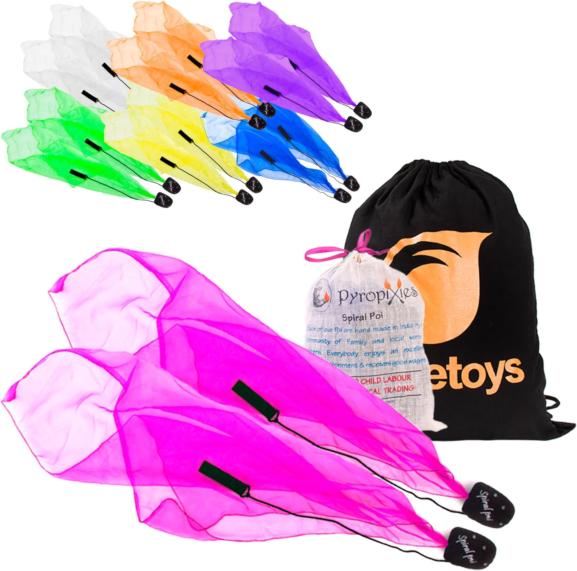 Pyropixies Beginner Spiral Practice Poi & Firetoys® Drawstring Bag! Ideal for all ages (UV Yellow (Green))