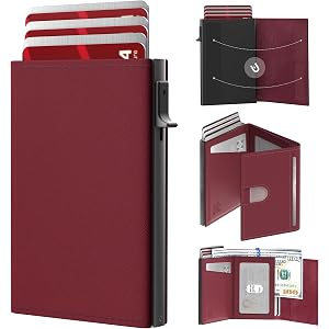 kinswnval Small Wallet for Women: Slim Pop-Up Card Holder with RFID Blocking, ID Window and Cash Slot for Small Bags, Wine Re