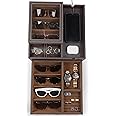 HOUNDSBAY Lookout Sunglasses and Eyeglasses Organizer with Storage Display Case, Dresser Valet Box Drawer, and Charging Station (Brown/Brown)
