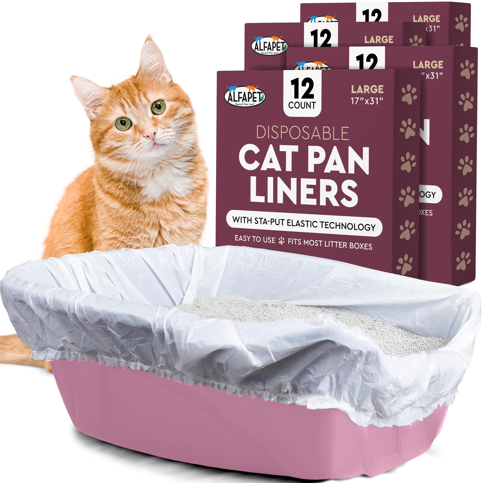 Alfapet Kitty Cat Litter box Disposable, Elastic Liners- 48-count-For Medium and Large, Size Litter Pans- With Sta-Put Technology for Firm, Easy Fit- Quick + Clever Waste Cleaners 4 pack