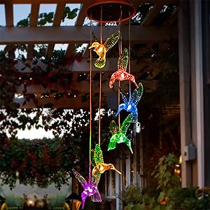 Solpex Solar Hummingbird Wind Chimes, Solar-Powered Mobile Hanging Patio Lights with 6 Vivid Hummingbirds，Multi-Color Changing LED Garden Decoration As Gift for Family and Friends