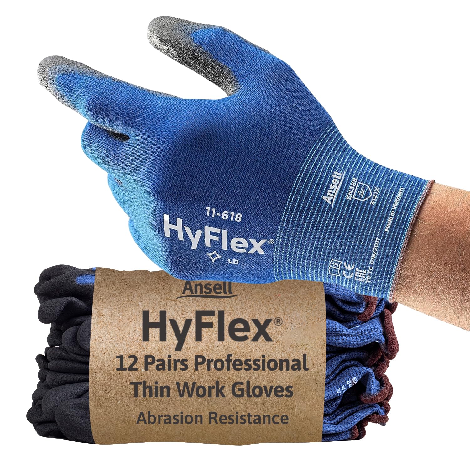 Ansell HyFlex 11-618 Mechanics Gloves, Abrasion-Resistant PU Coated Safety Gloves for Precision Handling, Touchscreen Compatible, Ultra-Thin, Blue, XS, 12 Pairs
