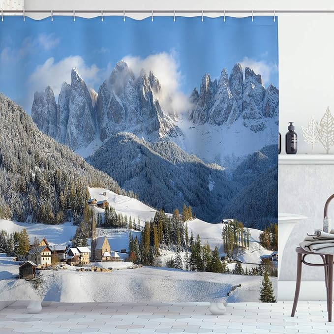 Mountain Shower Curtain by Ambesonne, Mountain Village Scenery in Winter with Snow
