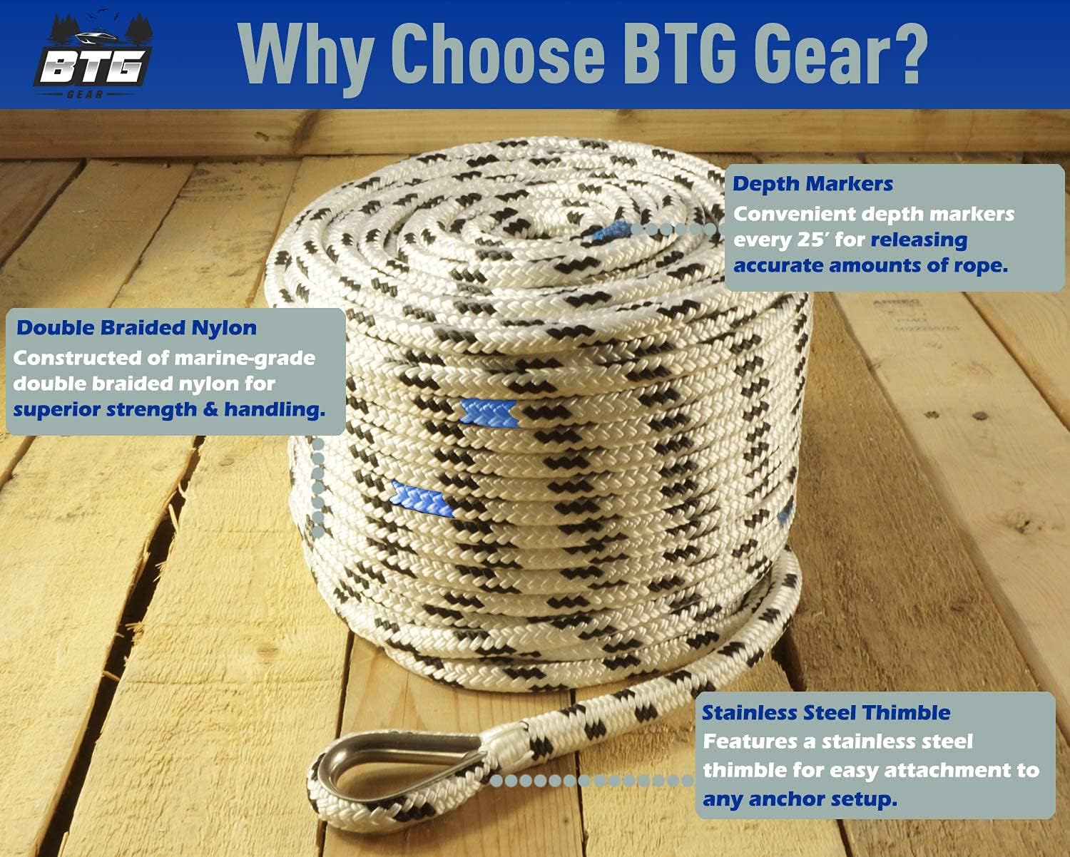 BTG Gear Nylon Boat Anchor Line w/Stainless Steel Thimble & Depth Markers : Sports & Outdoors