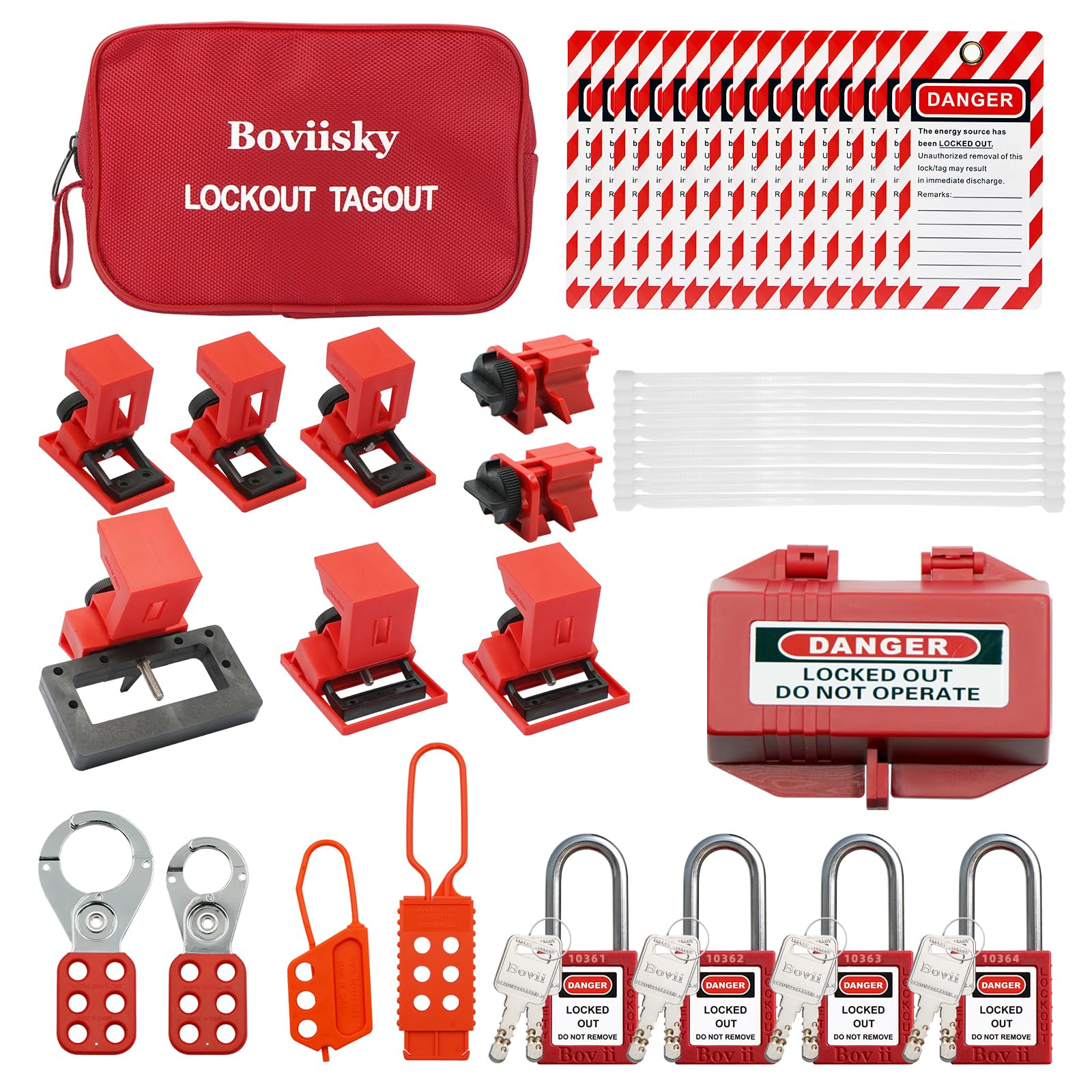 thumbnail image 2 of Lockout Tagout Kits TRADESAFE Electrical Lockout Tagout Kit - Hasps, Clamp On And Universal Multipole Circuit Breaker Lockouts, Loto Tags, Plug Lockout, Loto Locks Set (1 Key Per Lock) For Safe Electrical 2 of 14