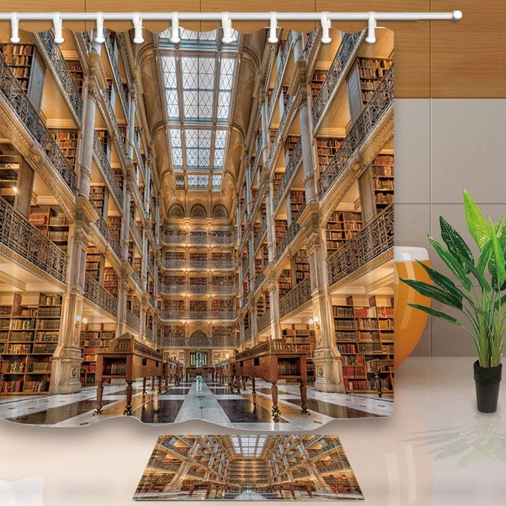 CdHBH The Peabody Library Building Books Shelf 71X71in Resistant Polyester Fabric Shower Curtain Suit with 15.7x23.6in Flannel Non-Slip Floor Doormat Bath Rugs