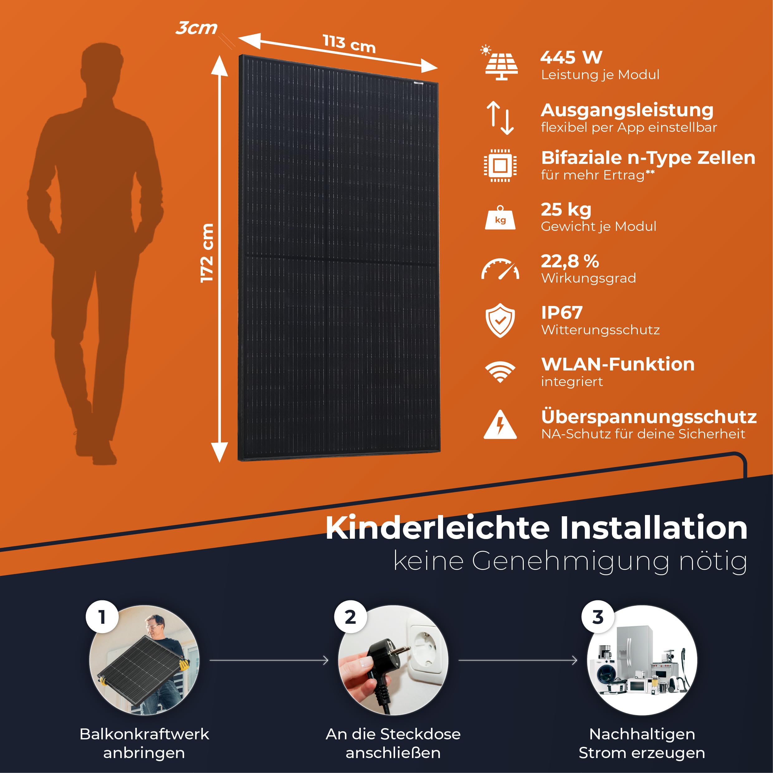 Solarway 445W Solarpanel Full Black Bifazial Glas/Glas PV Panel mit positiver Leistungstoleranz von 0-5 Watt, n-type, geeignet für Balkonkraftwerk 6