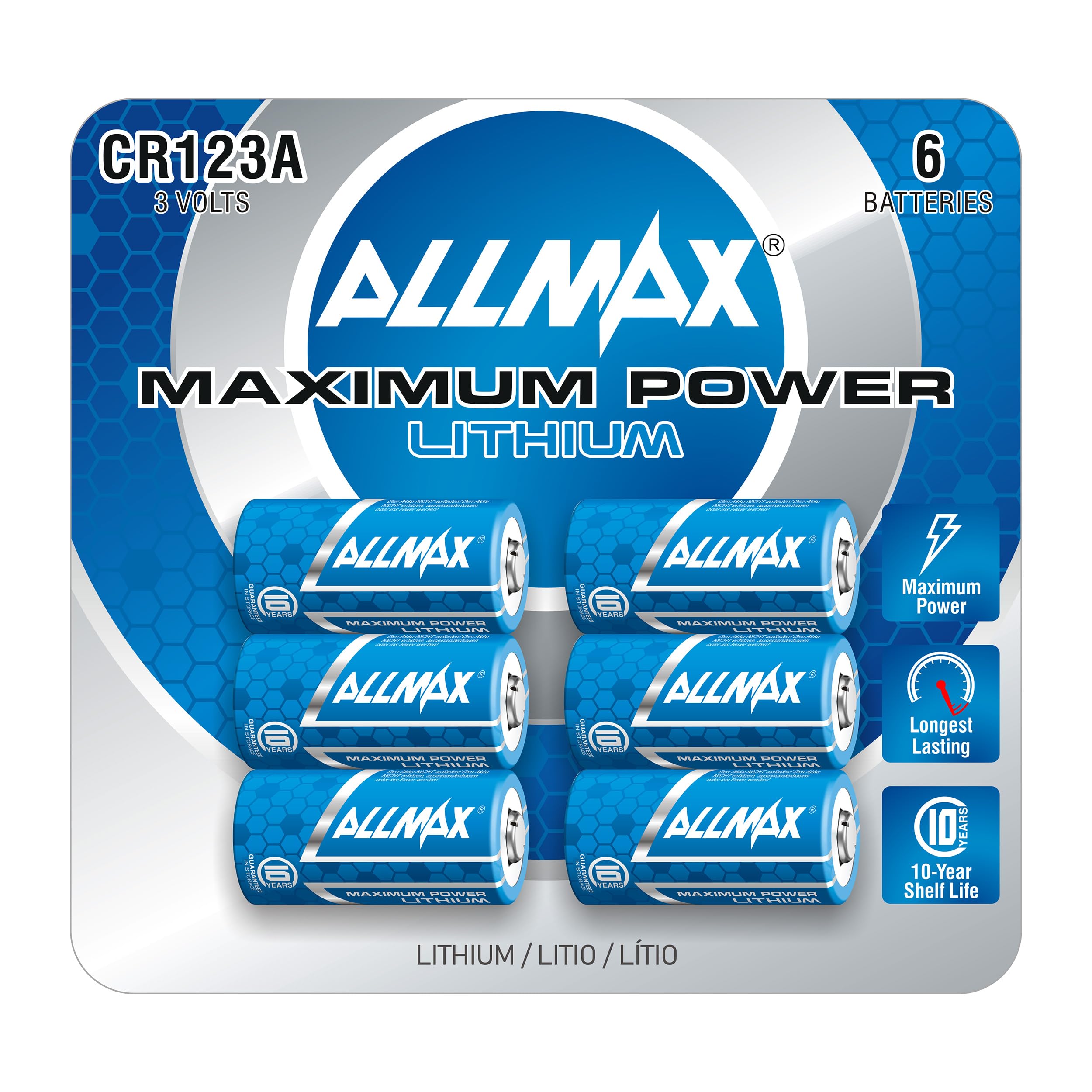 Allmax CR123A Maximum Power Lithium Batteries (6 Count) – Longest Lasting, Leakproof, 10-Year Shelf Life, Ultimate Performance, Perfect for Wireless Security Systems (3V)