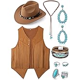 Suhine 9 Pack Western Outfits for Women Cowgirl Fringe Vest Boho Cowboy Hat Turquoise Jewelry Kit for Halloween Costume