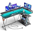 SEVEN WARRIOR L Shaped Gaming Desk with LED Lights & Power Outlets, 63” Reversible Corner Desk with Storage Shelf, Computer Desk with Monitor Stand, Gaming Table with Cup Holder, with Hooks, Black