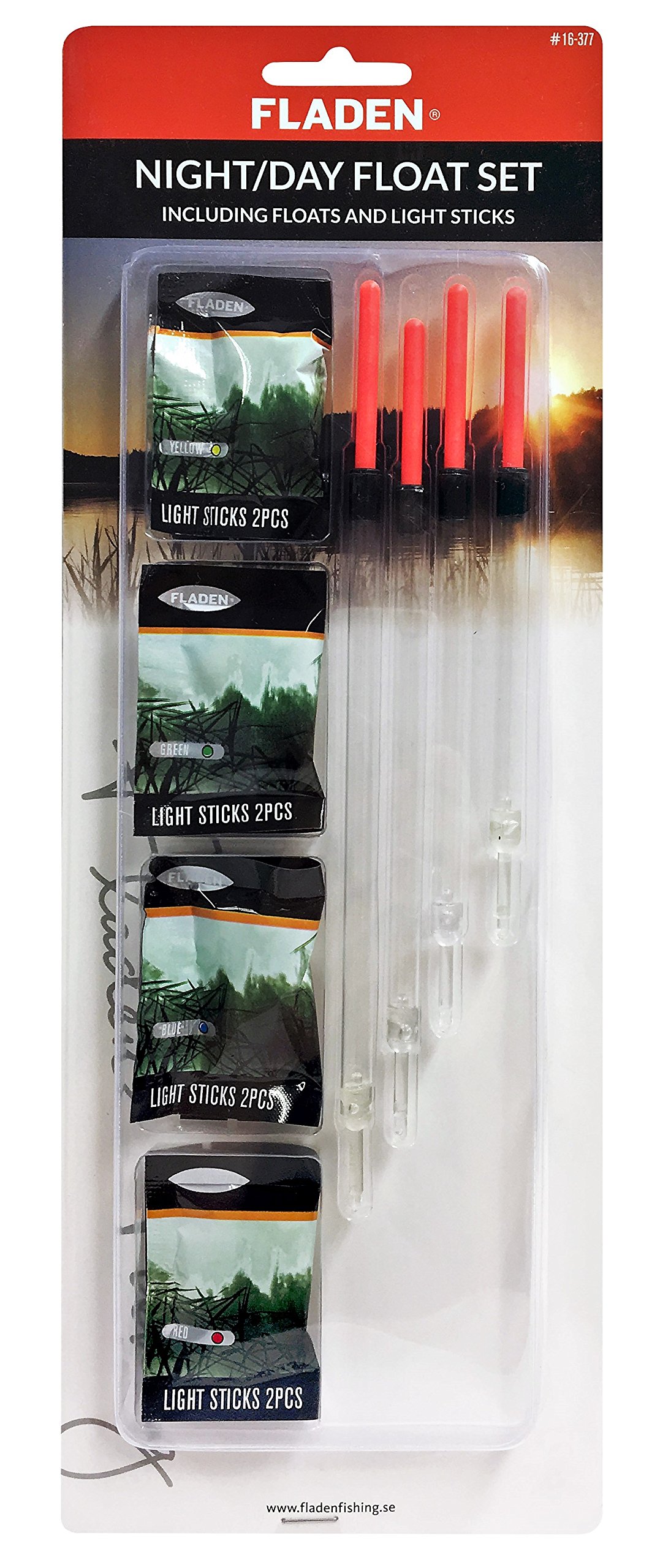 FLADEN Night & Day Float Set with Chemical Lights – 4 Floats, 8 Multi‑Colour Light Sticks – Removable Float Heads for Day & Night Fishing [16‑377]