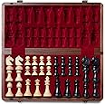 A&A Premium Natural Walnut Folding Chess Board Game Set, 15" Wooden Chess Board & 3" King Height Staunton Chess Pieces with 2 Extra Queens, Portable Travel Chess Set with Storage Bag for Adults & Kids