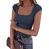 PRETTYGARDEN Womens Cap Sleeve T Shirts 2026 Square Neck Basic Tees Slim Fit Ribbed Knit Spring Going Out Tops Summer Clothes