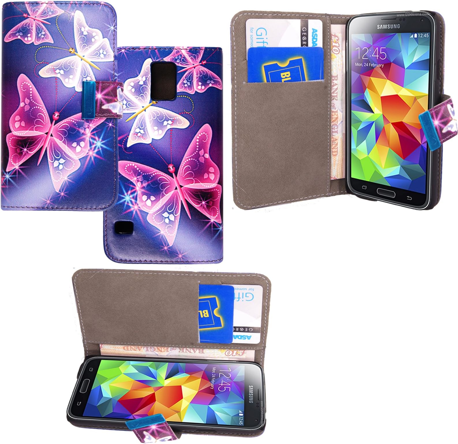 For Samsung Galaxy S5 GS 5 G900 Ultra Butterfly On Blue (TS) Book Type Printed PU Leather Magnetic Side Flip Case Cover + Stylus