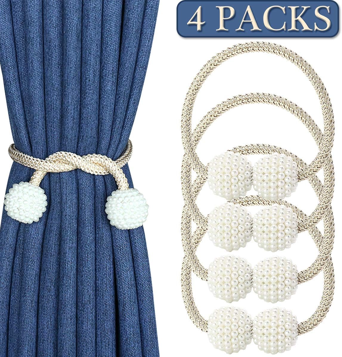 IAGORYUE Curtain Tie Back 4 Pcs, Pearl Magnetic TieBacks for Curtains Hold, Holdback Clips with Weave Rope, Home Office Hotel Window Treatment Drape Deco, No-Install/Drill/Hooks - Beige + 4 Pack
