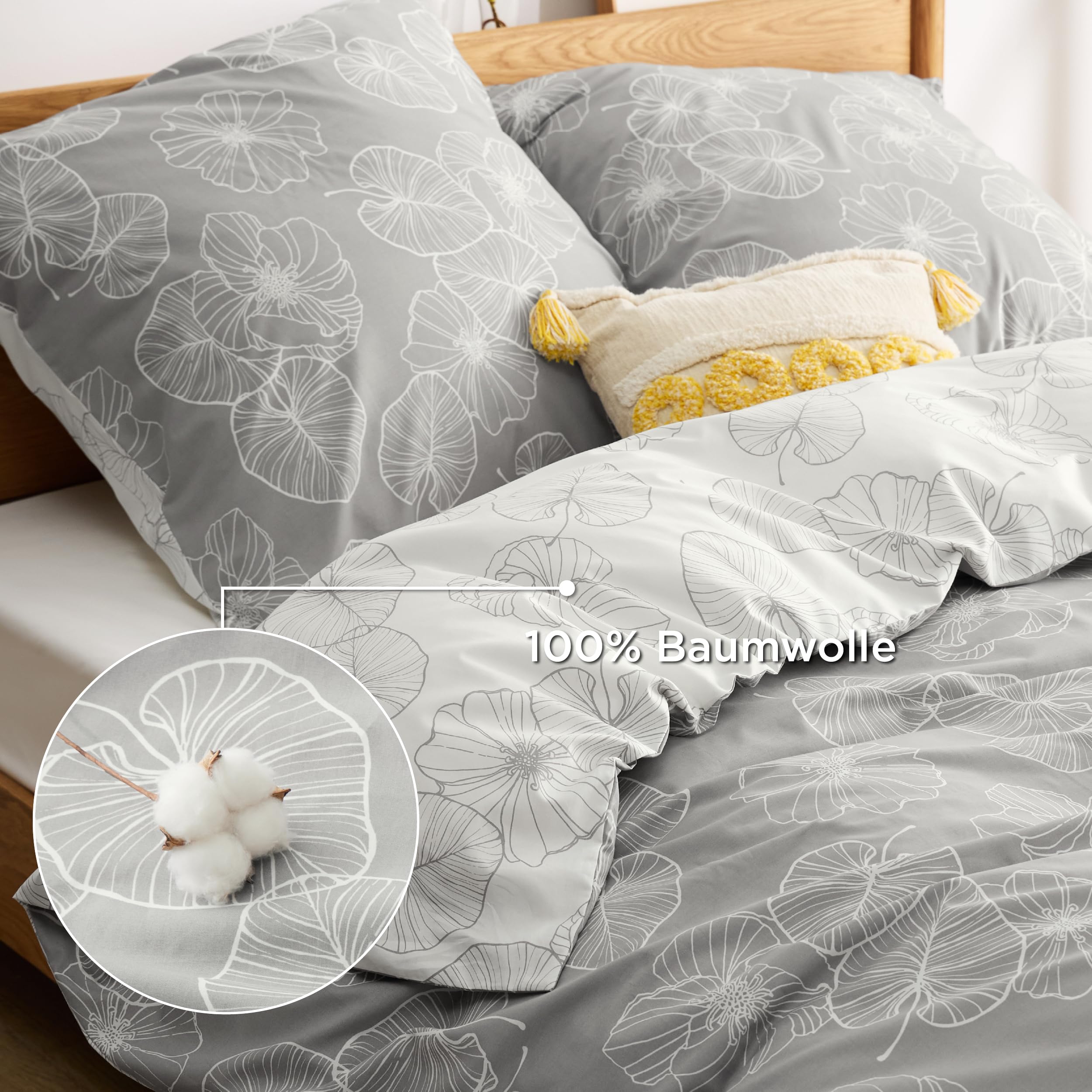 BEDSURE Bettwäsche 135x200 Baumwolle Bettbezug - Bettwäsche-Sets 135 x 200 cm 2teilig Grau mit Kissenbezug 80x80 cm, ÖKO-TEX Wendebettwäsche Bedding mit Reißverschluss Ginkgo Muster 3