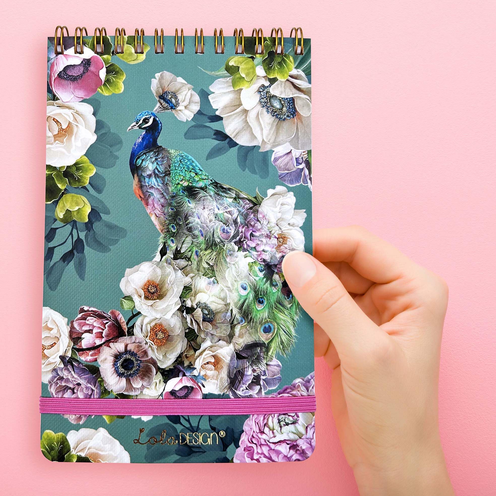 Lola Design - Top Spiral Notepad with Elastic Closure, Peacock Design - Perfect for Jotting Down Notes, Shopping Lists, Reminders - 185x120x10mm, 150 Tear-off Pages