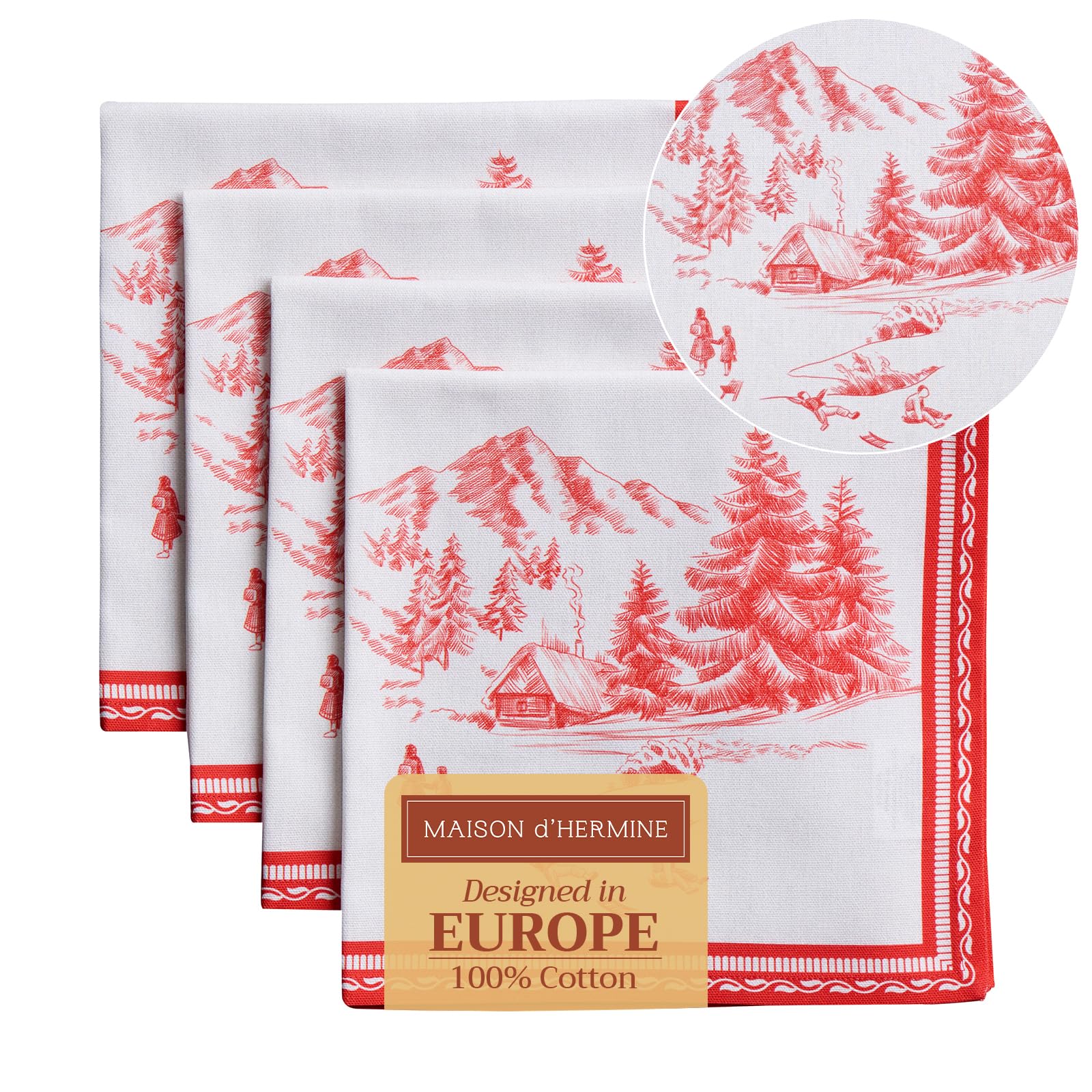 Maison d' Hermine Cloth Napkins Set of 4 100% Cotton for Christmas Decorations Everyday Reusable Square Autumn Napkins Cloth Washable Dinner Party Wedding (Winter Jouy, 45 CM x 45 CM)