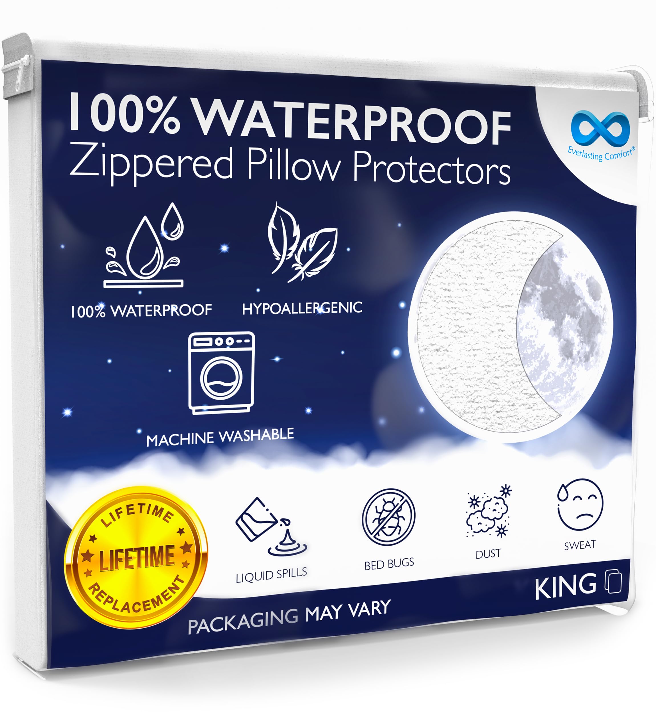 Photo 1 of 100% Stain Resistant & Waterproof King Size Pillow Protectors with Zipper Set of 2 - Bed Bug & Dust Mite Proof White Pillowcases - Breathable, Comfortable Pack of Covers for Pillows, 20 x 36 Inches
