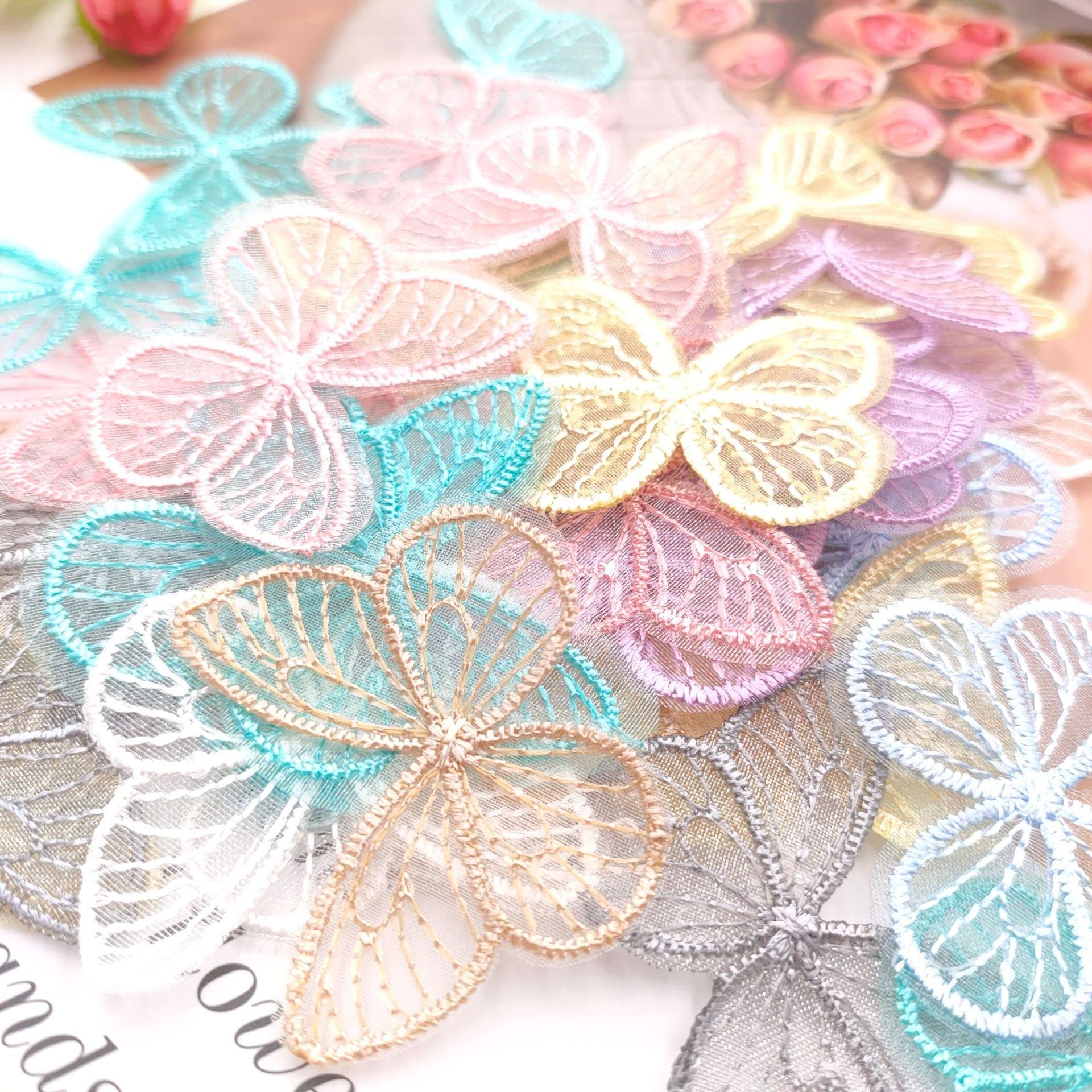 Pack of 20 Lace Organza Embroidery Butterflies Applique Patches Stickers Appliqué Patches for Sew-On Embroidered Crafts and Decorating on Clothes Curtain Table Cloth Bags Scarf, Sewing Patches