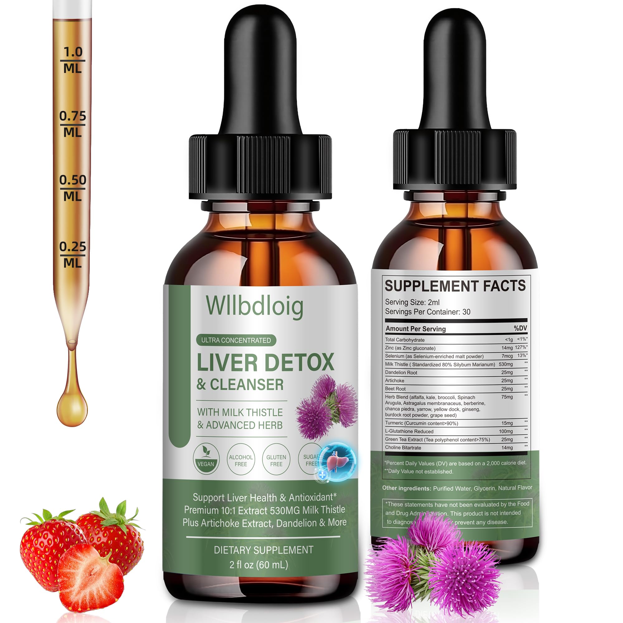 Photo 1 of 1 PCS Wllbdloig Milk Thistle Liquid Drops Liver,Support Liver Cleanse Detox & Repair with Organic Milk Thistle Silymarin Extract, Dandelion,L-Glutathione to Renew and Liver Support, Vegan, FL OZ