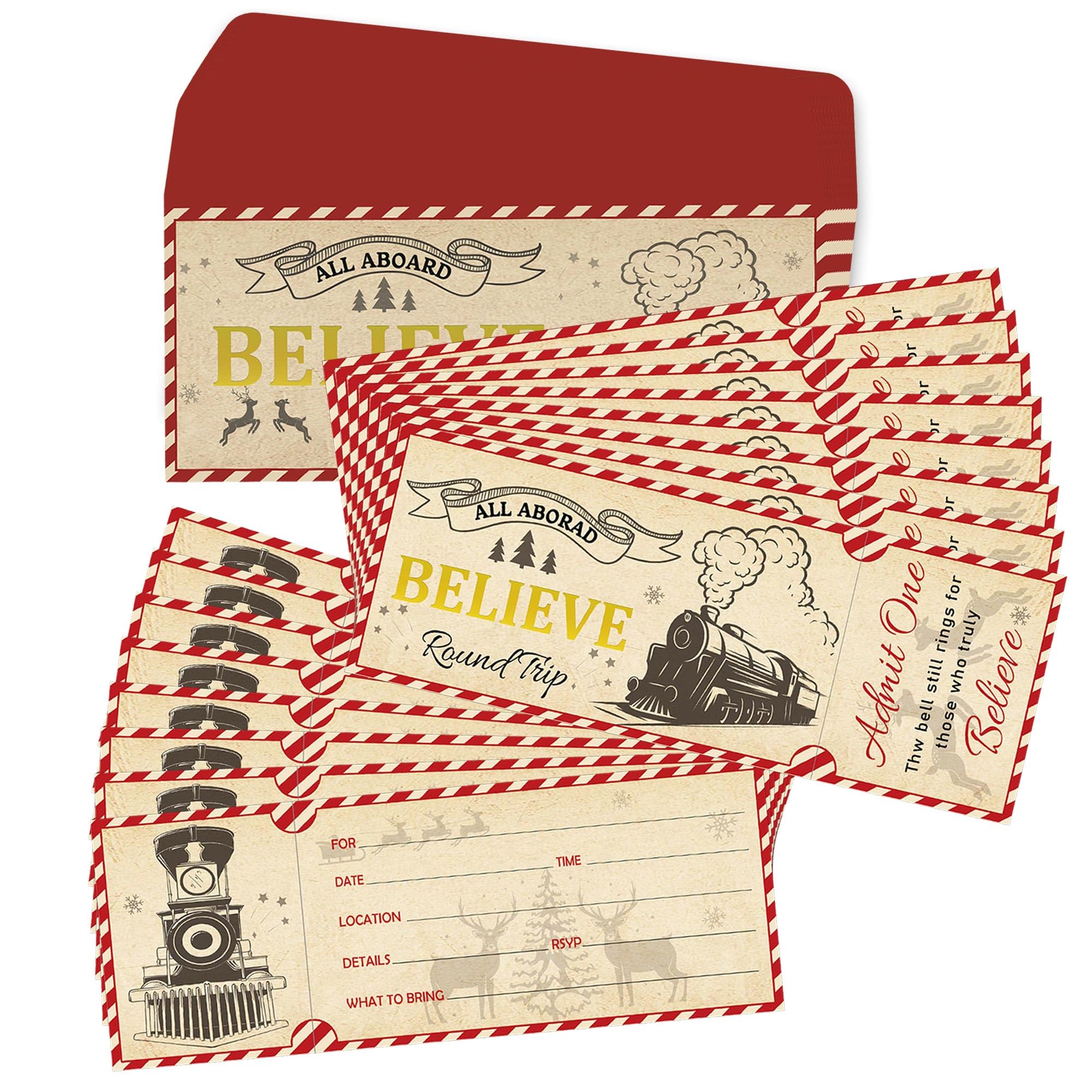 Well Tile 30 Set Christmas Polar Believe Ticket Invitations Letters with Envelopes 3x8 Inch-Bulk North Pole Train Tickets Polar Conductor Tickets Believe Gifts Theme Party Favors