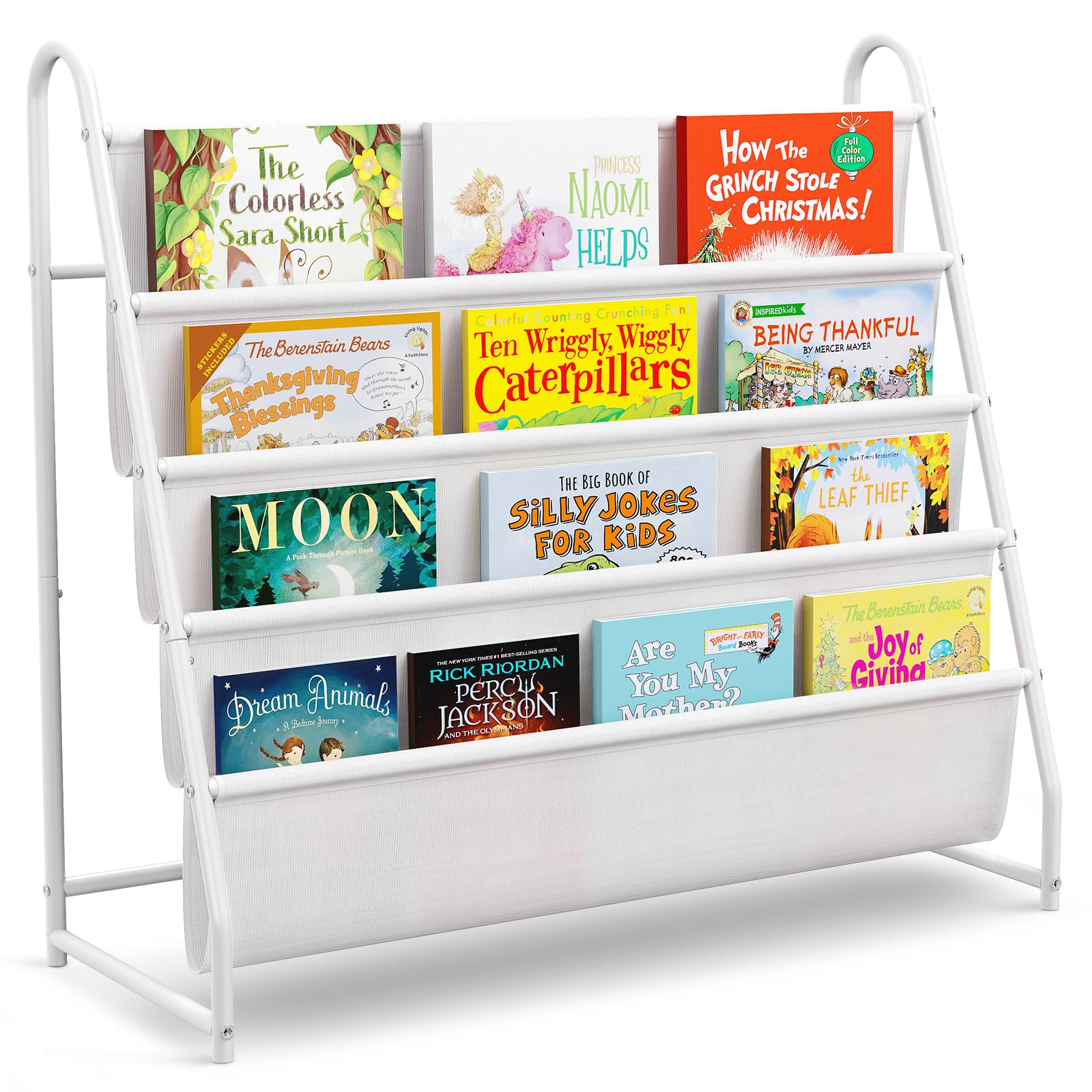 Tatub Kids Bookshelf with 4 Tier Deep Sleeves, Children Montessori Bookshelf Sling Storage Book Rock, Toddler Front Facing Display Book Shelf for Playroom Nursery Bedroom Classroom