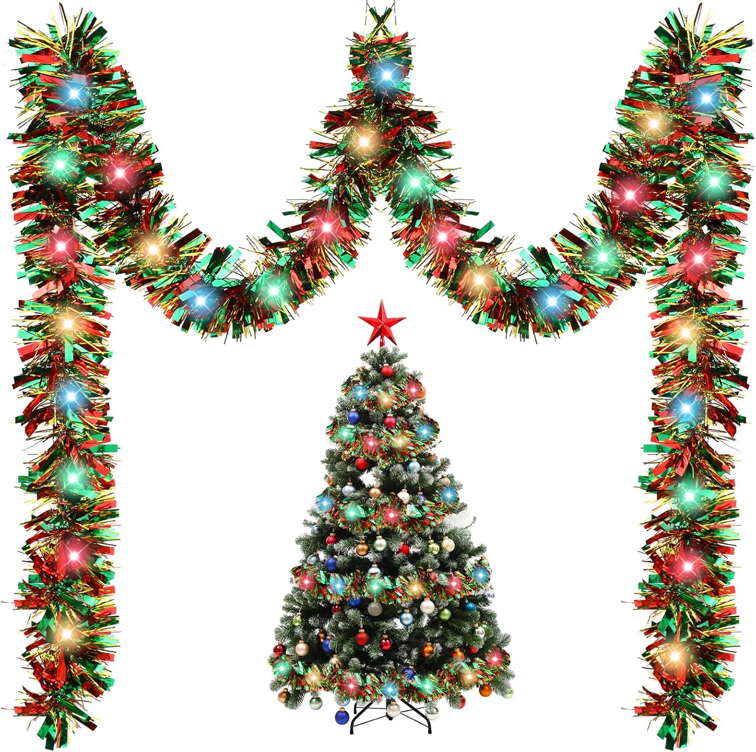 Wreaths, Garlands & Swags - 16.4 ft Christmas Prelit Tinsel Garland Metallic Garland with 50 LED Lights Hanging Christmas Garland with Light Xmas Foil Tinsel Garland for Christmas Tree Wedding Party (Multicolor, Red and Green)