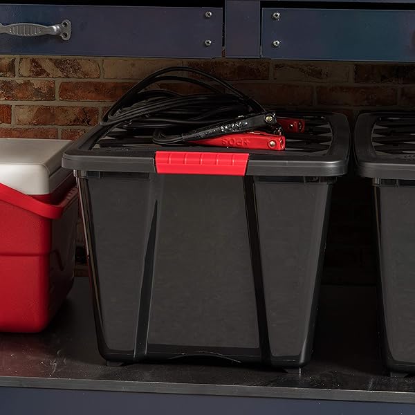 IRIS USA 54 QT PLASTIC STORAGE BOX WITH LID AND LATCHES – 6 PACK – BPA-FREE, GARAGE ORGANIZING SOLUTION, DURABLE NESTABLE STACKABLE CONTAINERS, SECURE PULL HANDLE – BLACK