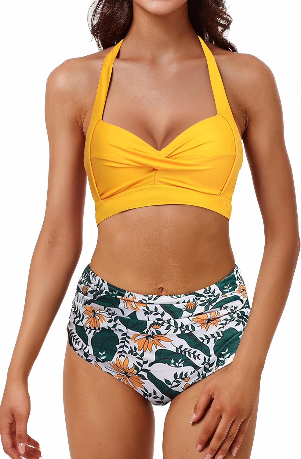 Women High Waist Bikini Summer Two Piece Push Up Bikini Set Retro Halter Swim Top Vintage Swimsuit Yellow: Clothing