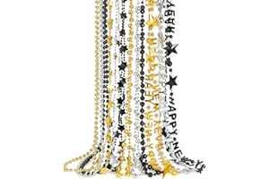 EOBOH 12PCS New Years Eve Necklace, Black Gold Silver HAPPY NEW YEAR Bead Necklaces, 12 Kind Necklace Party Supplies Accessories Bulk, New Years Eve Party Supplies 2026 Bead Necklace Decorations