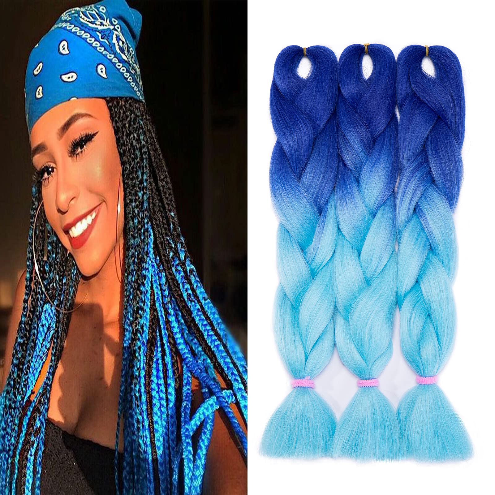 24inch Two Tone Ombre Braiding Hair Extension 3 Packs/Lot X Synthetic Braids Afro Crochet Hairpiece for Box Braids Blue