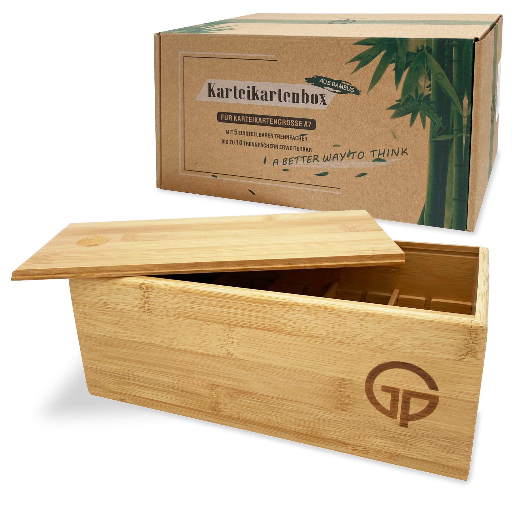 GP Get Productive Index Box for 1000 DIN A6 Index Cards, Includes 4 Adjustable Dividers of the Learning Box, Bamboo Wood Index Box, Glossy Coated in Premium Quality, The Flashcard Box