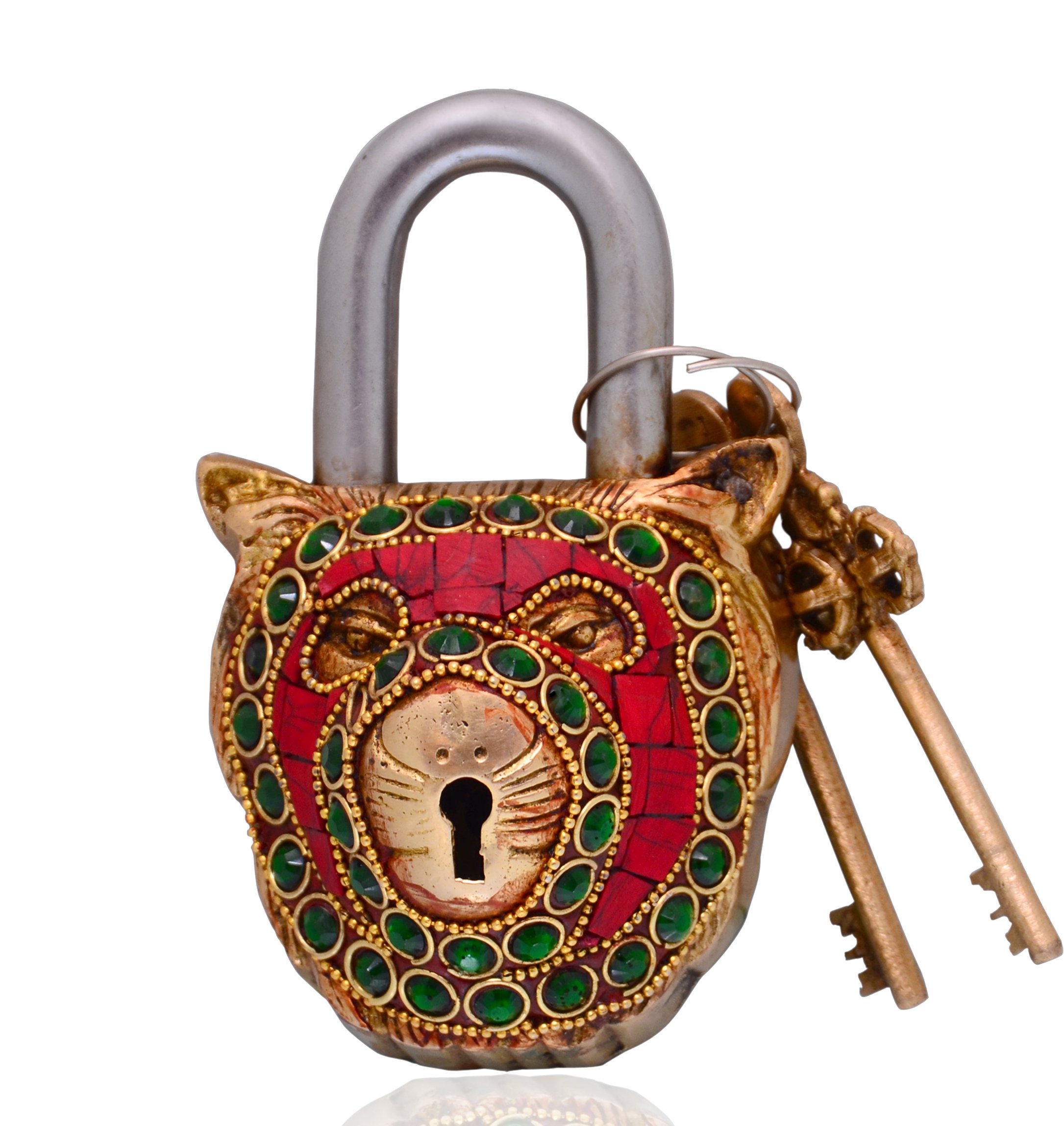Purpledip Lion Shaped Brass Lock Padlock: Handmade Antique Design with Colorful Gemstone Work; Unique Collectible Combination of Style & Security (10699)