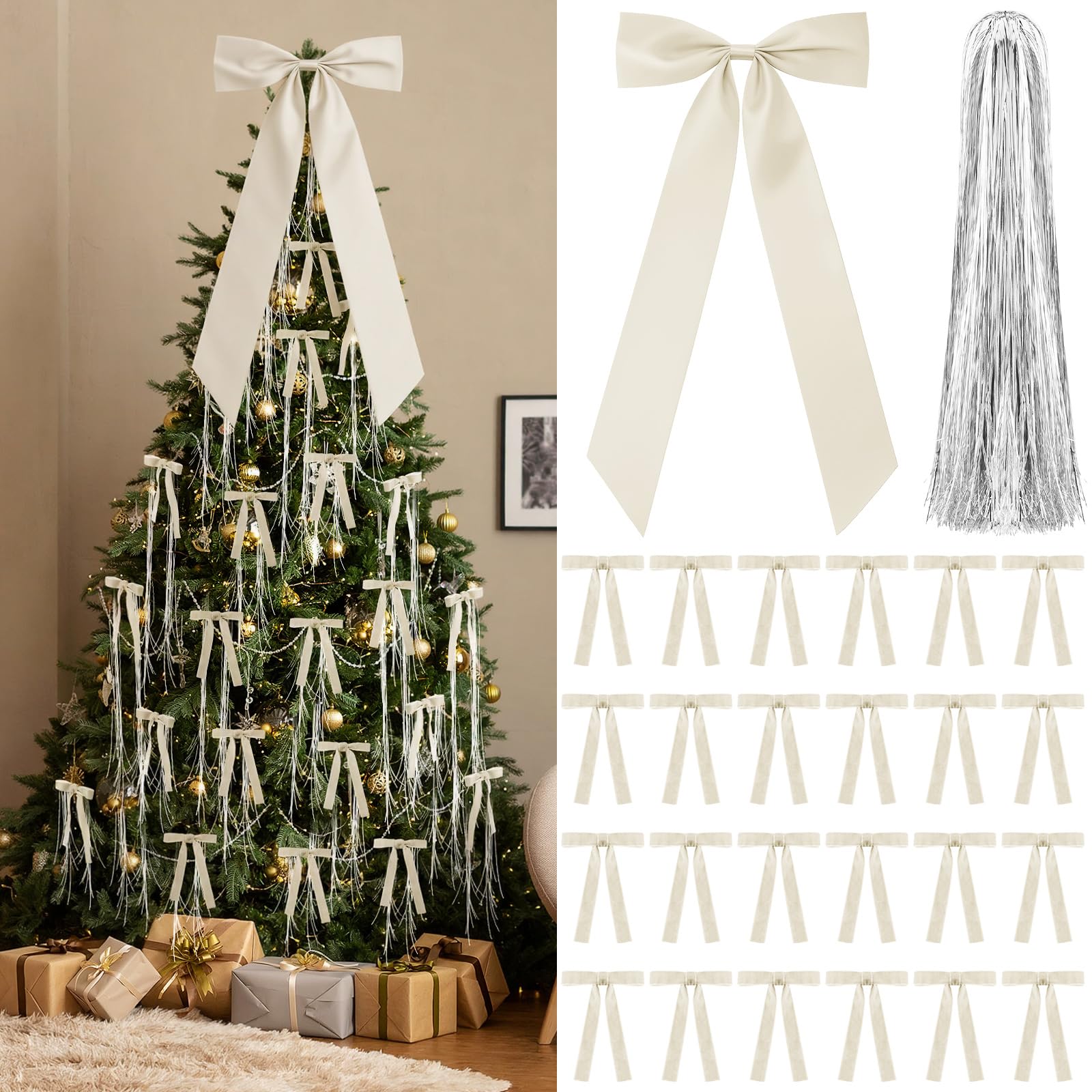Photo 1 of **MISSING LARGE BOW**
Shihanee Beige Christmas Bows Decor Set 1 Large Neutral Satin Christmas Tree Topper 24 Velvet Ribbon Bows with 3000 Strands Silver Tinsel Icicles Vintage Xmas Ornament for Holiday Wreath Gift Wrapping