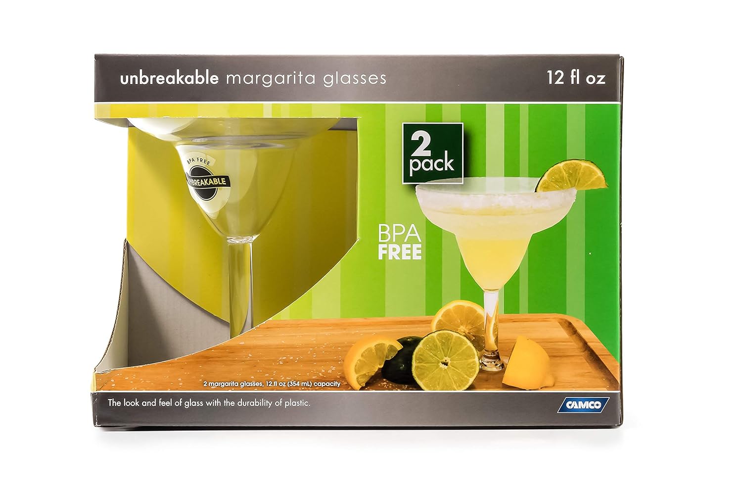 Camco Unbreakable Travel Margarita Glass- 12 Ounce, Dishwasher Safe, BPA Free,Perfect For Picnics, Cookouts, and The Beach - Set of 2 (43902)