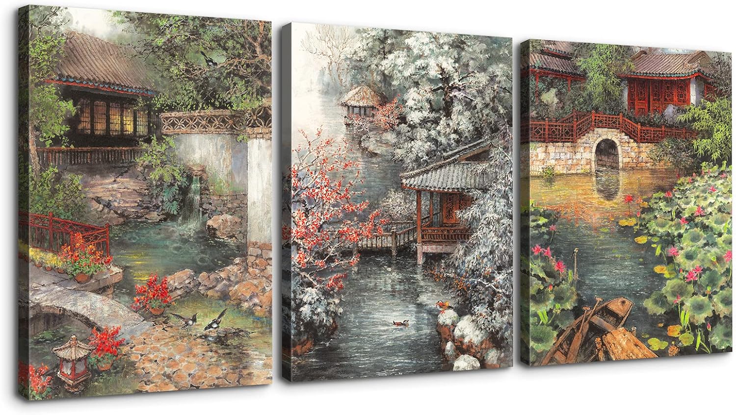 Paintings - Denozer - 3 Piece Canvas Wall Art - Chinese Ancient Architecture Wall Decor for Living Room Bedroom Decoration, Stretched and Framed Ready to Hang - 20