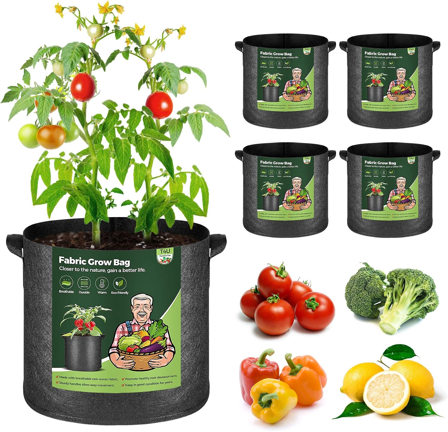 T4U 7 Gallon Plant Grow Bags with Handle Pack of 5, Fabric Pots Growing Bag, Heavy Duty Nonwoven Planter