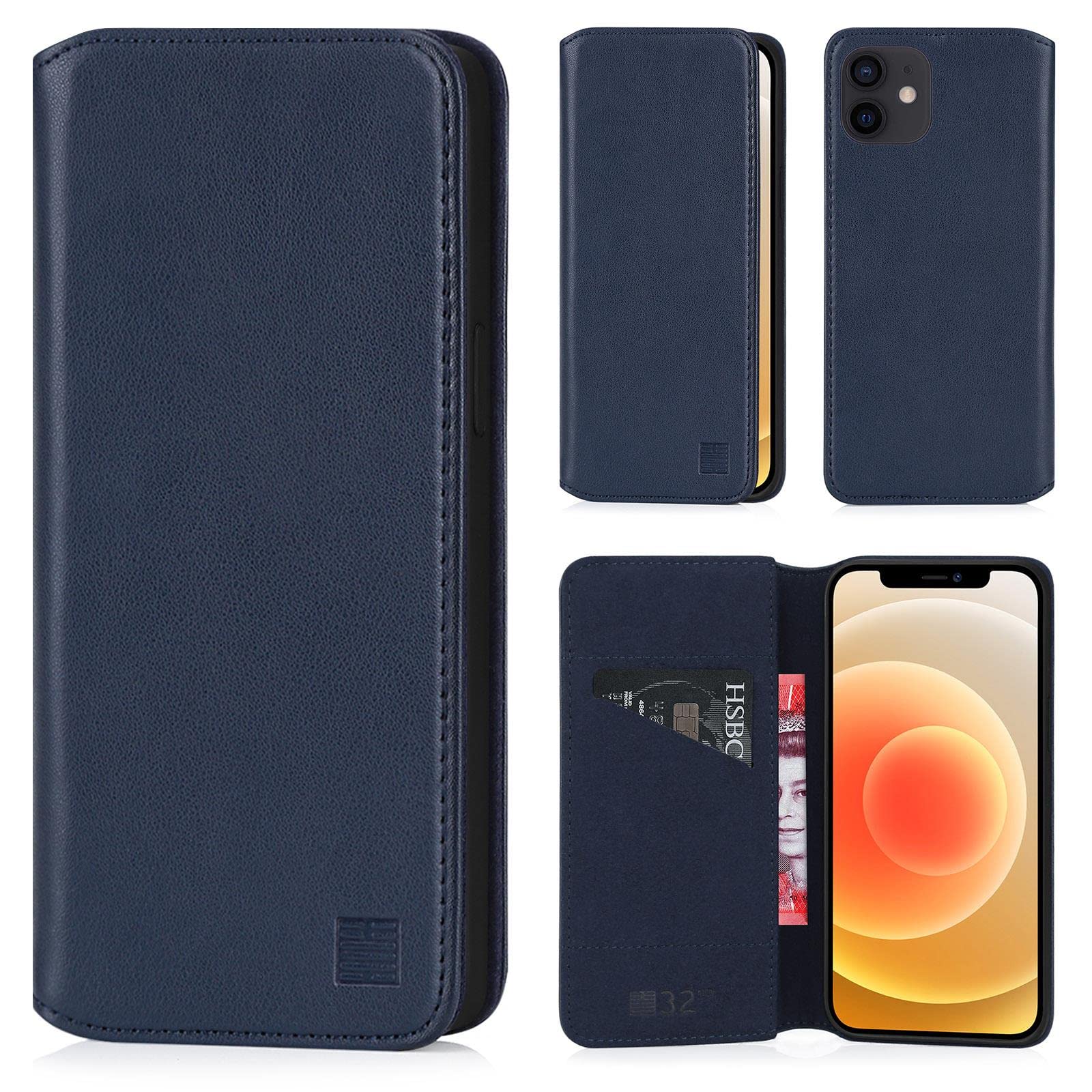 32nd Classic Series 2.0 - Real Leather Book Wallet Flip Case Cover For Apple iPhone 12 Mini (5.4"), Real Leather Design With Card Slot, Magnetic Closure and Built In Stand - Navy Blue