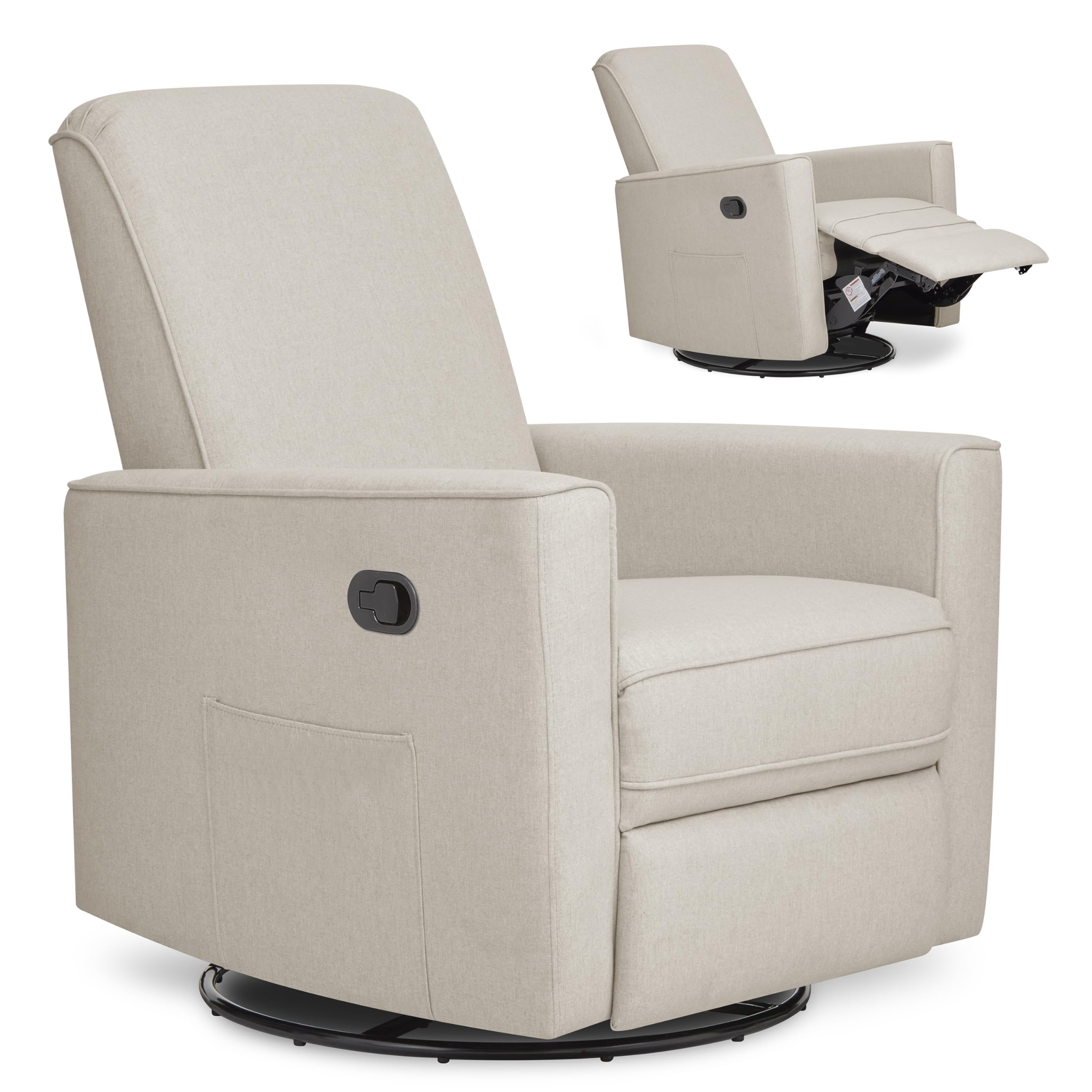 Sillón reclinable manual tapizado Evolur Raleigh – Mecedor y giratorio de 360° con deslizamiento suave – Certificado Greenguard Gold y FSC – Silla moderna para guardería y sala de estar en arena clara