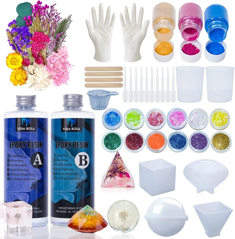 VidaRosa Epoxy Resin Kit for Beginners with Molds Dried Flowers 600ml