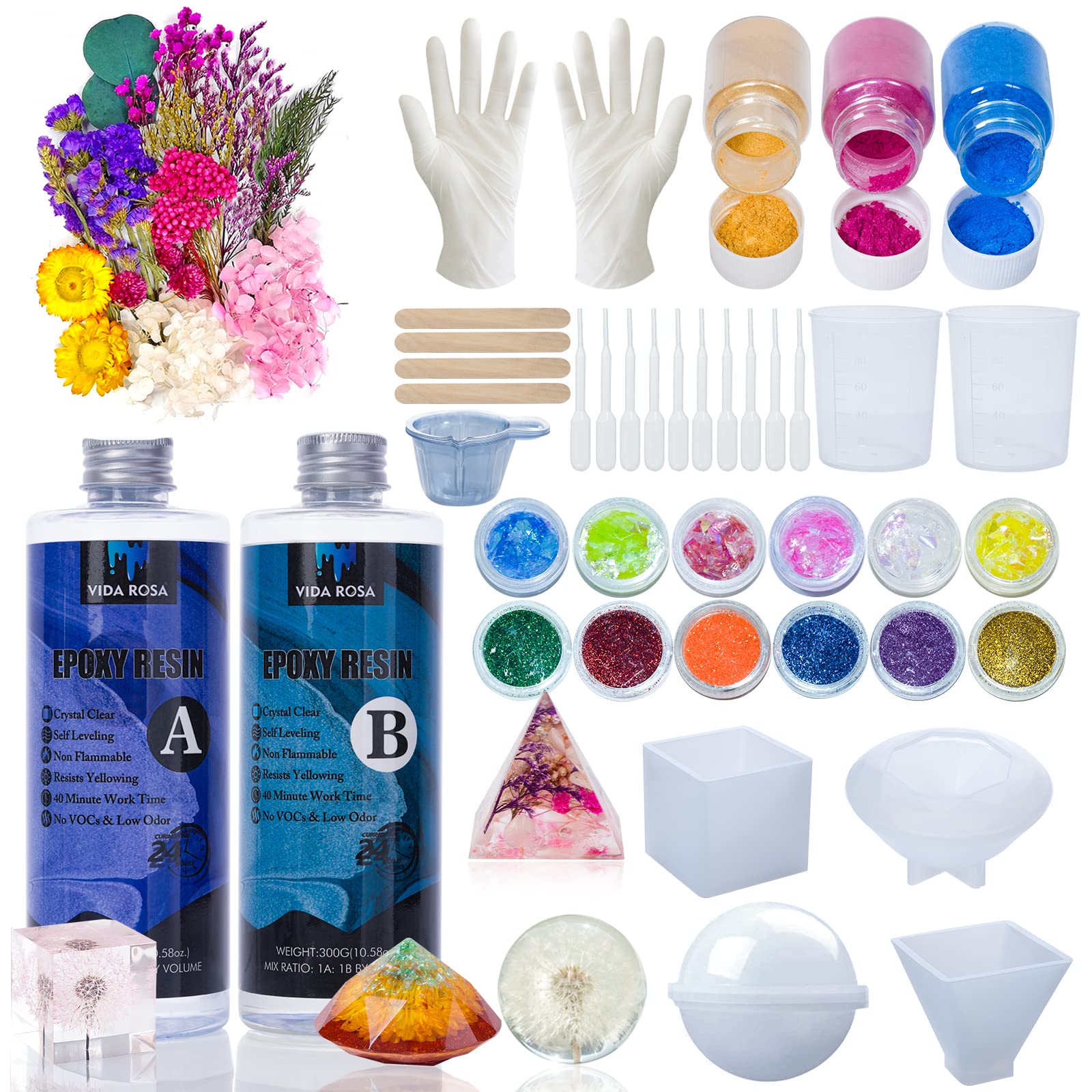 VidaRosa Epoxy Resin Kits for Beginners with molds,Dried Flower，600ml/ 21.16oz Crystal Coating for Art, Craft, Jewelry Making, River Tables,2 Gloves, 2 Measuring Cup and 2 Wooden Sticks