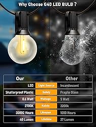 30FT LED Outdoor String Lights, G40 Globe Patio