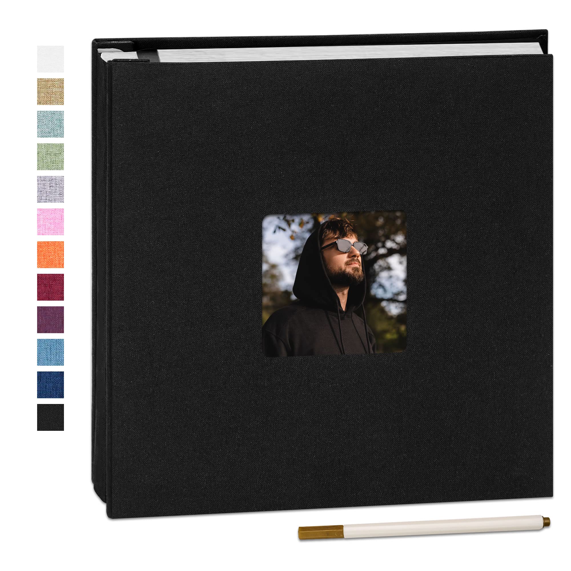 Yopih Self Adhesive Photo Album 28x27cm Fits 10x15 8x13 13x18 15x20 20x25 cm Photo Scrapbook with Window 40 Pages Linen Cover with A Metallic Pen DIY Memory Book for Baby Wedding Family Black