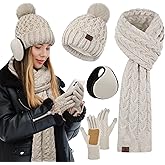 URATOT Women Winter Beanie Hat Scarf Gloves Ear Warmer 4 in 1 Set Beanie Pompom Hat Touchscreen Gloves Long Scarf Ear Warmer