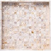 PEMAR 12.2" Square Serving Tray Mother of Pearl Nacre Wood Lap Ottoman Tray for Coffee Table, Luxury Decorative Handmade Eating Platters w Insert Handles (White Cream Squares Pattern)