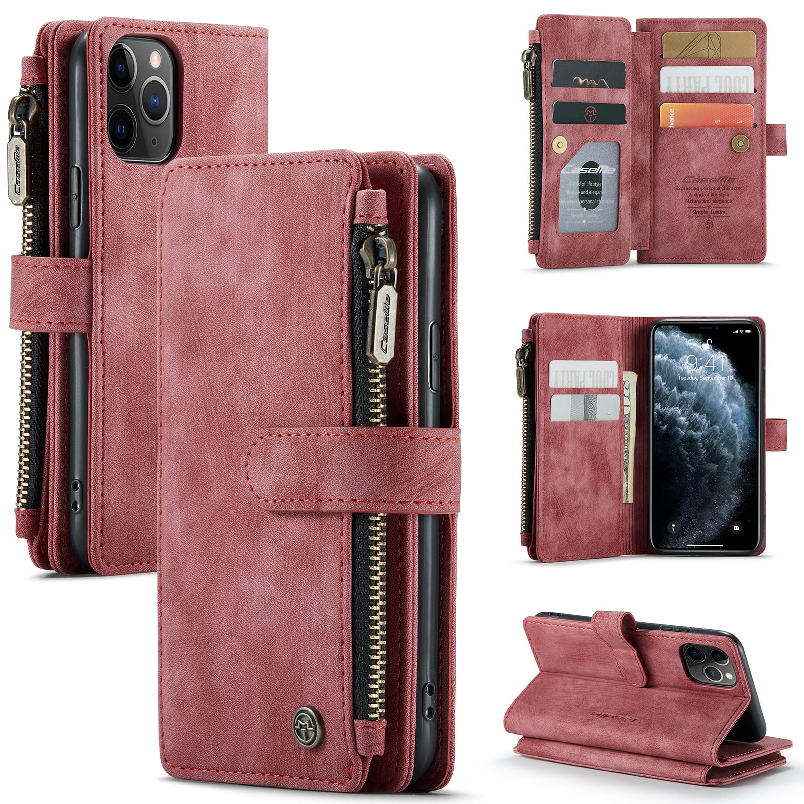 UFinetech Case for iPhone 11 Pro, Shockproof Card Holder Wallet Cover iPhone 11 Pro (5.8”), Anti-scratch Flip Folio Magnetic Closure Built-in Stand Leather Soft TPU Slim Flexible Camera Protector, Red